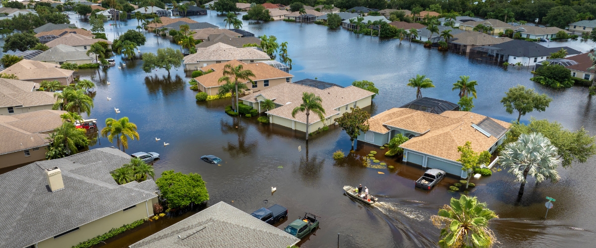 A flooded suburban area.