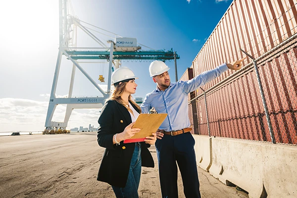 Two FIU students in hardhats at Port of Miami