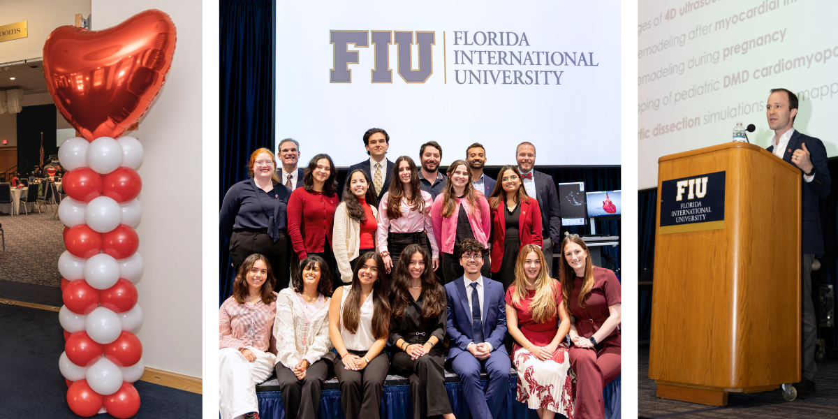 Photo 1: Heart-shaped balloon display outside the Graham Center ballrooms. Photo 2: Students with Joshua Hutcheson, Ph.D., posing on stage in front of FIU screen. Photo 3: Keynote speaker Craig J. Goergen, Ph.D., presenting at FIU podium.